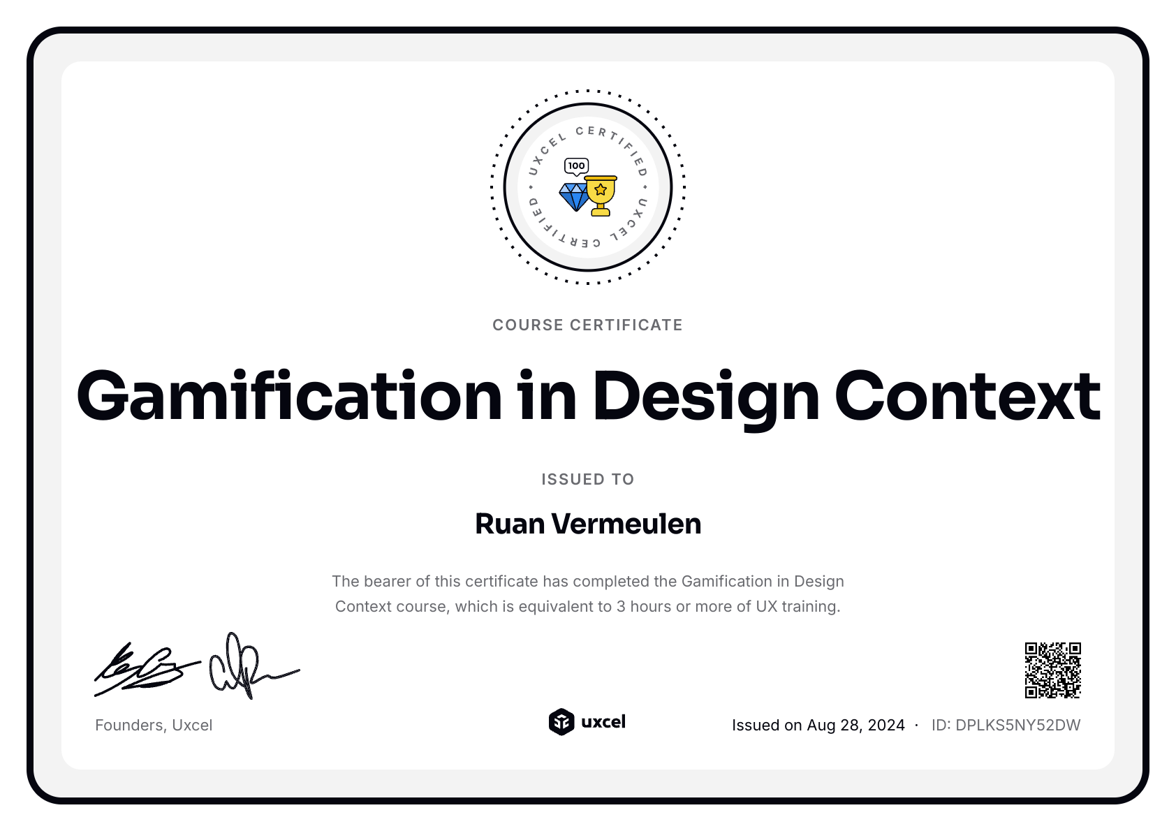 Ruan Vermeulen's certificate